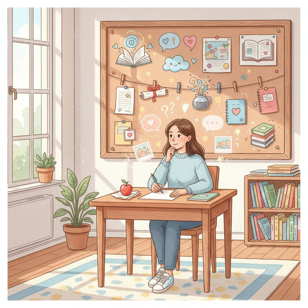 A person sitting thoughtfully at a desk with a blank piece of paper and a pen, surrounded by floating symbols representing emotions, memories, and storytelling elements.