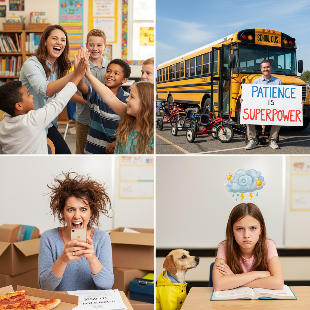 A lively scene illustrating a variety of character traits: a friendly person smiling warmly, a patient person calmly in traffic, an impulsive person sending a text, and a moody person with changing weather clouds above their head.