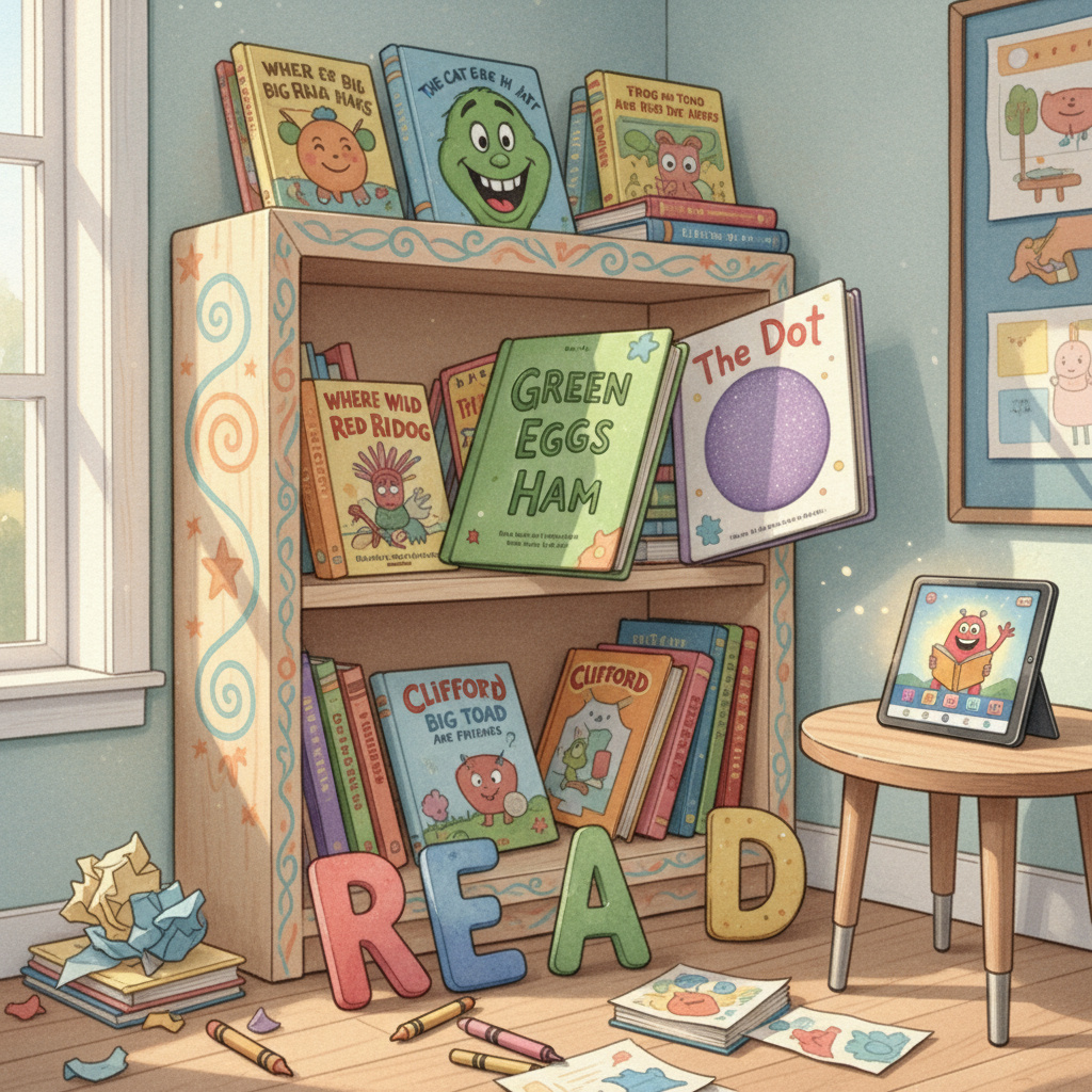 A vibrant bookshelf filled with popular first grade books from the recommendations, with animated book covers like 'Green Eggs and Ham' and 'The Dot' popping out, alongside a tablet displaying interactive reading apps.