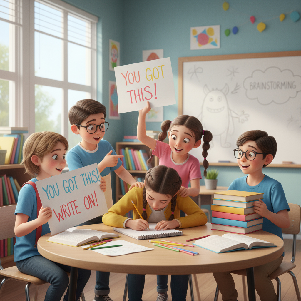 A group of friends gathered around supporting a writer, offering pep talks and encouragement, representing the important role friends play in the writing process.