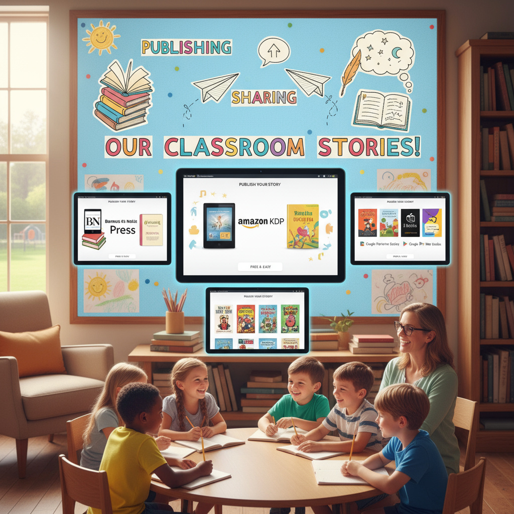A dynamic interface showing various popular free self-publishing platforms like Amazon KDP, Barnes & Noble Press, Apple Books, and Google Play Books, each represented by their logos and a variety of book formats displayed on devices like Kindles, tablets, and smartphones.