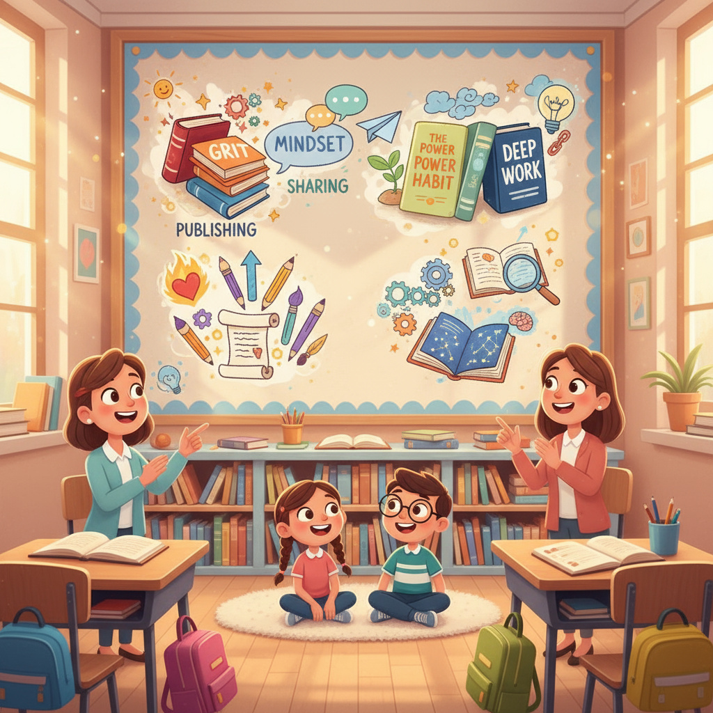 An animated depiction of a bookshelf featuring the top books about dedication and persistence, with titles such as 'Grit', 'Mindset', 'The Power of Habit', and 'Deep Work' visible on the spines, surrounded by icons representing passion, growth, habits, and focus.