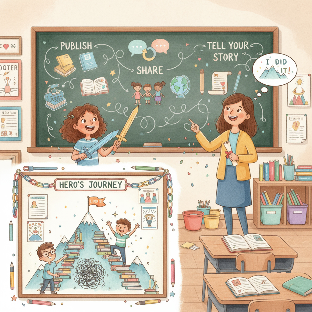 A heroic figure overcoming challenges: facing fear with a determined expression, climbing a steep mountain, and celebrating personal achievements with a bright smile.