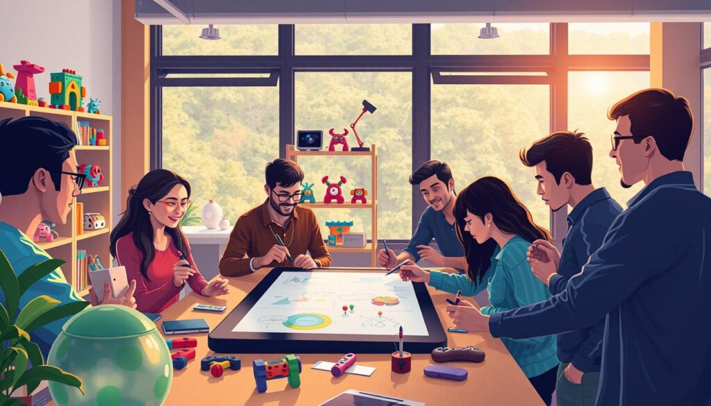 teachers collaborating on a paper-and-tablet game design